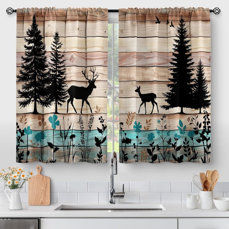 Aimego Forest Deer Kitchen Curtains - Wood Retro Teal Cafe Country Rustic Small Short Tier Window Curtains for Bathroom Living Room Decor Rod Pocket Window Drapes 36 Inch Length Set 28"x36" - Image 1